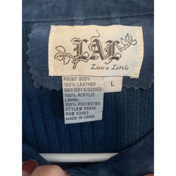 LAL Vintage Y2K Leather Sweater Jacket Blue Covered Buttons Pockets Size L - Picture 5 of 7